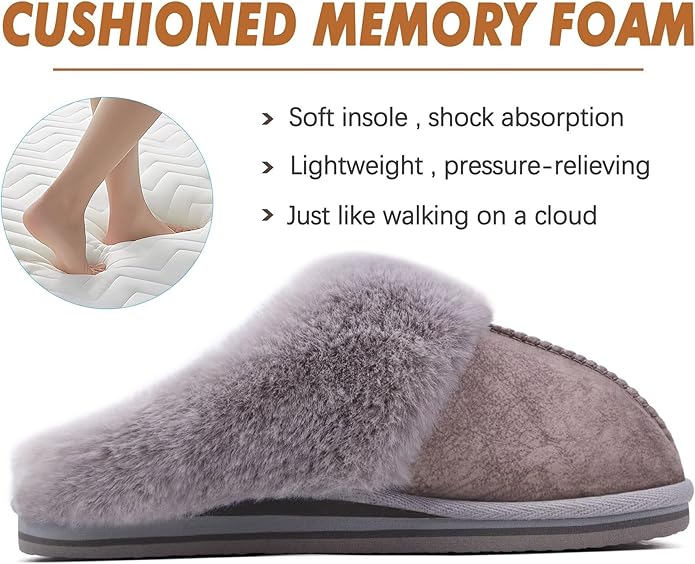 KuaiLu Womens Fluff Dual Memory Foam Slippers Ladies Cozy Arch Support Warm Scuff Slippers Slip on Comfy Winter House Shoes with Non-Slip Indoor Outdoor Hard Sole