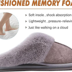 KuaiLu Womens Fluff Dual Memory Foam Slippers Ladies Cozy Arch Support Warm Scuff Slippers Slip on Comfy Winter House Shoes with Non-Slip Indoor Outdoor Hard Sole