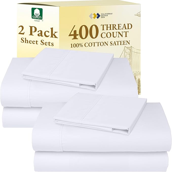 California Design Den 2-Pack Twin XL Sheet Sets Cotton - 400 Thread Count 100% Cotton Sateen - Soft, Breathable Sheets, 2 Sets of Deep Pocket Bed Sheets - Bright White CaliforniaDesignDen