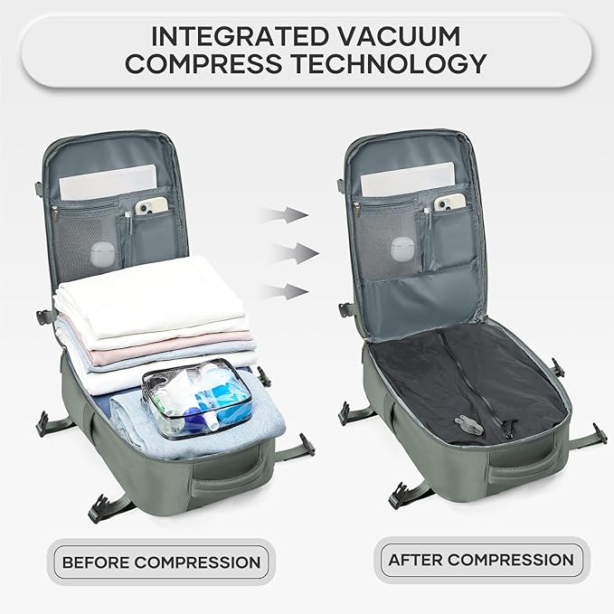 Vacuum Compression Backpack, Travel Vacuum Backpack with Electric Vacpack Pump, Flight Approved Carry On Personal Item Suitcase Luggage for Men Women, Sage Green, Small