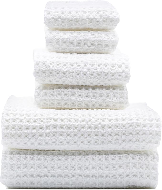 Italic Sedona Waffle Towel Set, 6-Piece 410 GSM 100% Cotton Set Includes 2 Bath Towels, 2 Hand Towels & 2 Washcloths, Quick-Drying, White