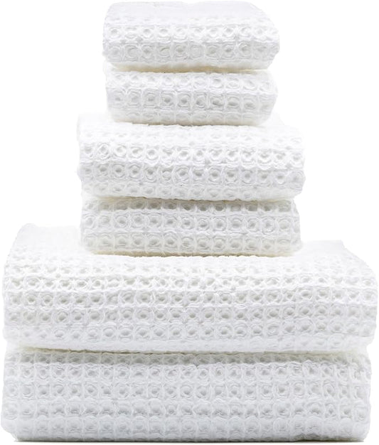 Italic Sedona Waffle Towel Set, 6-Piece 410 GSM 100% Cotton Set Includes 2 Bath Towels, 2 Hand Towels & 2 Washcloths, Quick-Drying, White