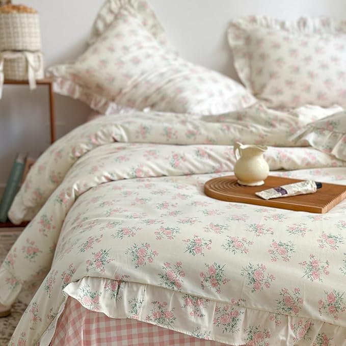 mixinni Pink Floral Duvet Cover Set Twin Size - 100% Cotton Ruffle Lace Bedding Set for Girls, Romantic Cottagecore Style Duvet Cover with Zipper Closure, Soft Aesthetic Princess Bedding-Twin