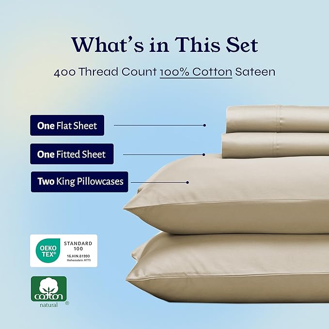 California Design Den California King Sheet Sets - Soft 400 Thread Count Sateen, 100% Cotton Bed Sheets with Deep Pockets, Breathable, and Durable Bedding Set - Beige (Golden Tone) CaliforniaDesignDen