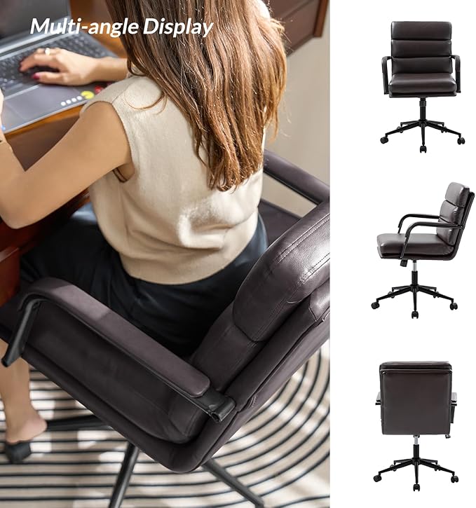 HULALA HOME Modern Faux Leather Home Office Chair with Tilt Lock & Metal Base, Desk Chair with Wheels & Padded Cushion, 360° Swivel Wide Seat Computer Task Chair, Brown