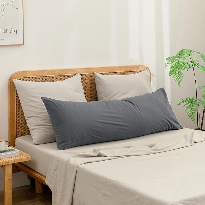 BESTOUCH 100% Washed Cotton Pillowcase for Hair and Skin Linen Feel Soft Comfortable Breathable 1 Pcs Pillow Case with Envelope Closure Solid Quiet Shade Grey Body 20x54 Inches