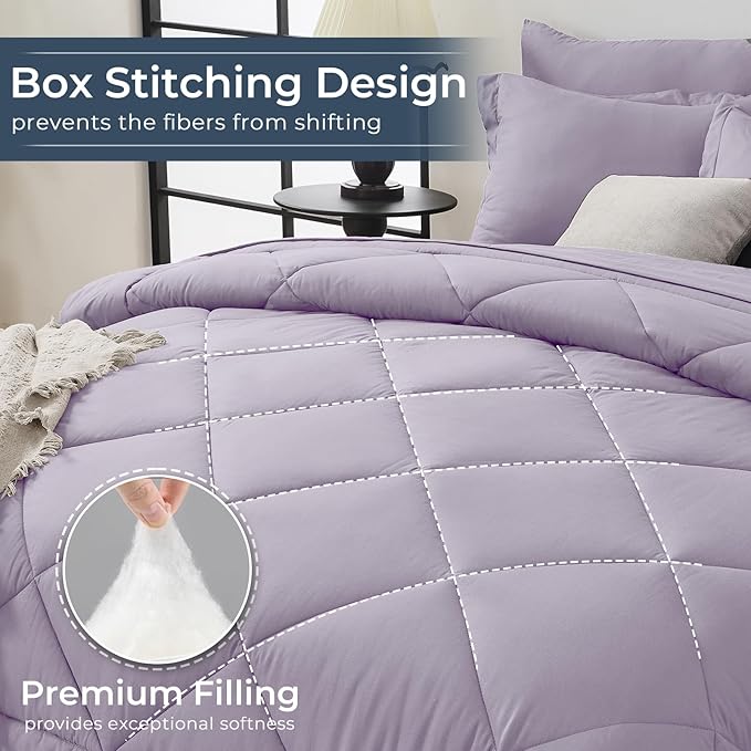 HEVUMYI Light Purple California King Comforter Set - 7-Piece All Season Bed in a Bag Cal King, Ultra Soft Bedding Set with Comforter, Flat Sheet, Fitted Sheet, Pillowcases, Pillow Shams