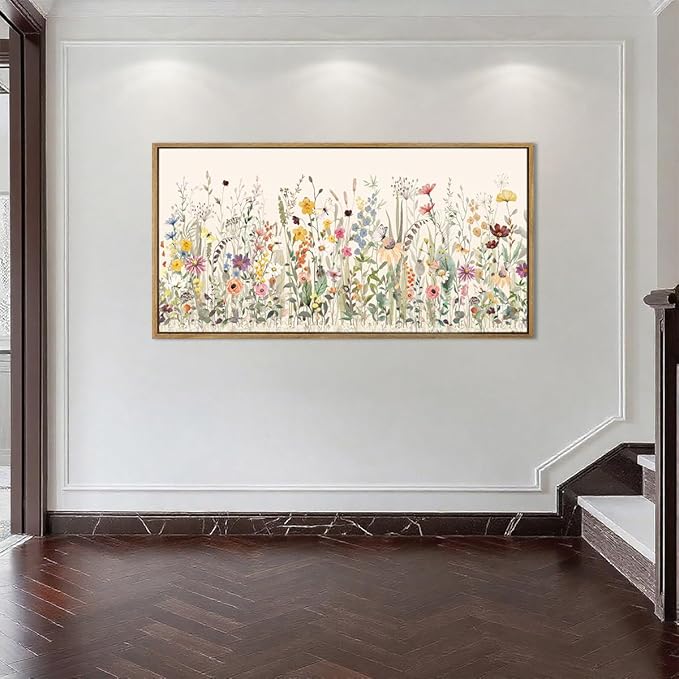 Large Floral Wall Art Decor Framed Colorful Wildflower Painting Pictures for Living Room Bedroom 40x20 Inches