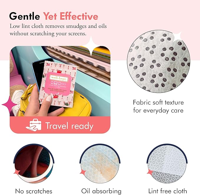 Well-Kept Tech & Lens Wipes - Eyeglass, Screen & Phone Cleaning, Multi-Surface, Lint-Free, Pre Moistened, Streak-Free & Non Scratching - Choupette, 6 Pack (90 Count)
