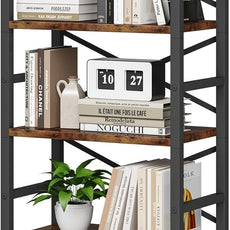 Organization and Storage, 5 Tier Bookshelf, Tall Bookcase with Shelves, Wood and Metal Book Shelf Storage Organizer, Industrial Display Standing Shelf Unit for Bedroom, Living Room, Rustic Brown