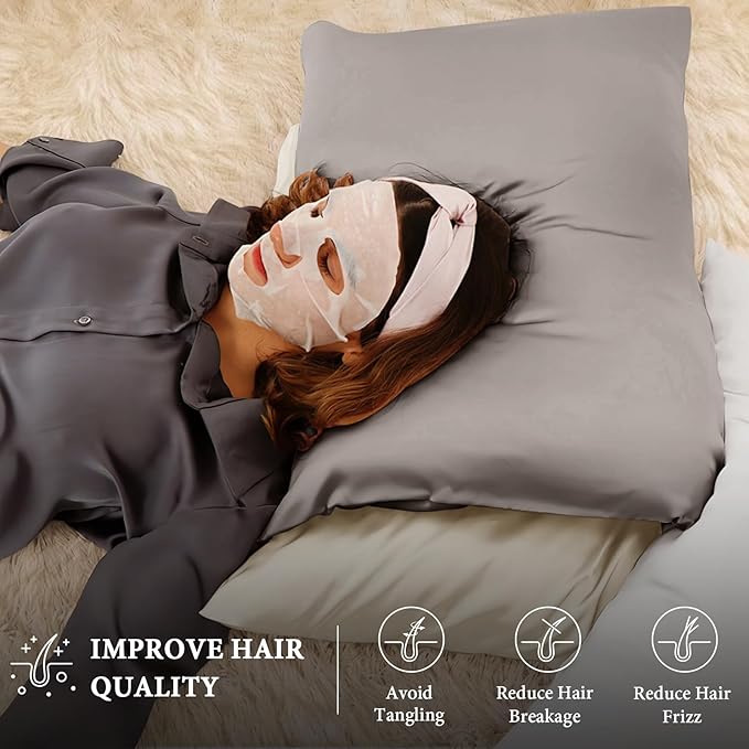 BHZ Grey Satin Goose Down Feather Pillows Standard Size with Pillowcase for Hair and Skin, Cooling Pillow Cases Similar to Silk Pillow Cases, Decorative for Women, Mom Men