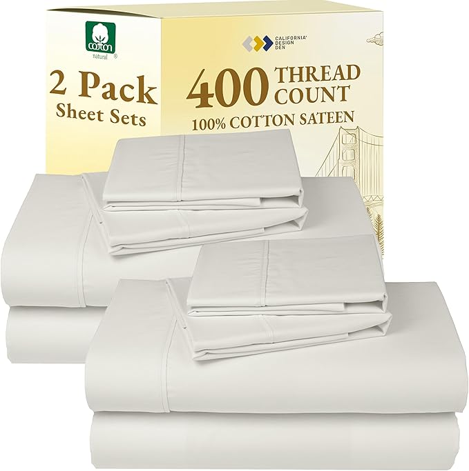 California Design Den 2-Pack Queen Sheet Set - 400 Thread Count 100% Cotton Sateen - Soft and Breathable Sheets, 2 Sets of Deep Pocket Bed Sheets - Ivory (Pale Tone) CaliforniaDesignDen