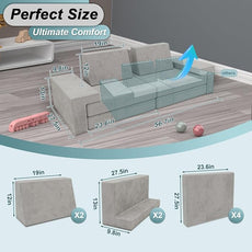 Play Couch Comfy Modular Sofa Futon Set, Convertible Folding Memory Foam Couches Versatile Floor Cushion Fort Set for Living Room Playroom Furniture (Grey)