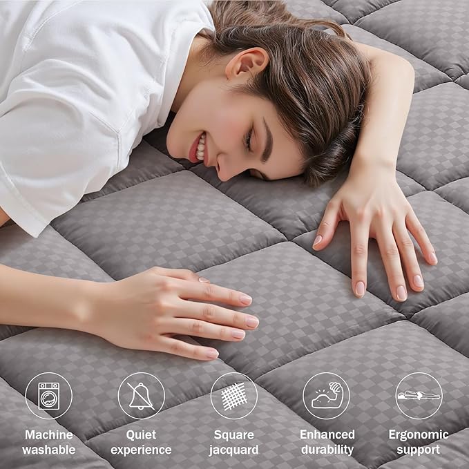 OLANLY Queen Quilted Fitted Mattress Pad – Soft Down Alternative Pillow Top Mattress Topper, Cooling Comfort Breathable Mattress Cover, Machine Washable Deep Pocket Mattress Protector, Light Grey