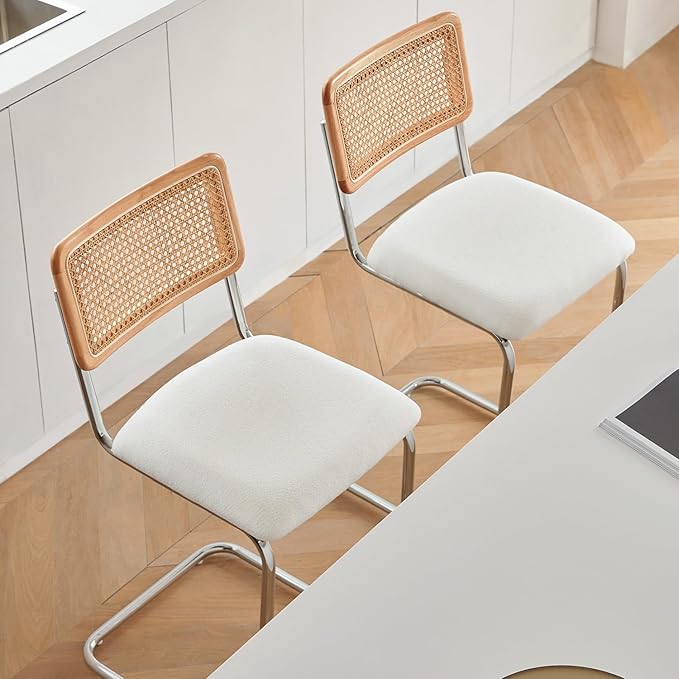 Natural Rattan Counter Height Stools Set of 4 with Solid Wood Back, 24 Inch Mid Century Modern Cesca Bar Stools, White Upholstery Boho Stool for Kitchen Counter with Chrome Metal Legs