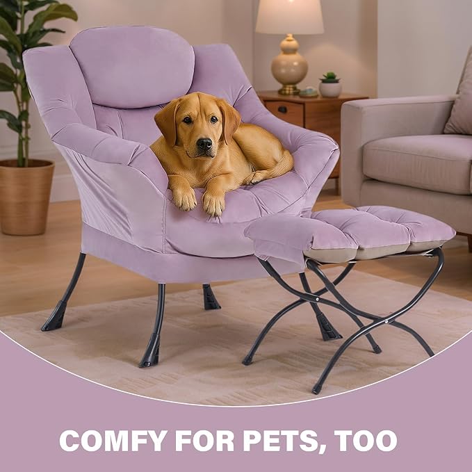 Tiita Lazy Chair with Ottoman, Modern Large Accent Lounge Armchair, Comfy Leisure Sofa Reading Chair with Footrest for Bedroom, Living Room, Dorm Rooms, Garden and Courtyard, Velvet Light Purple