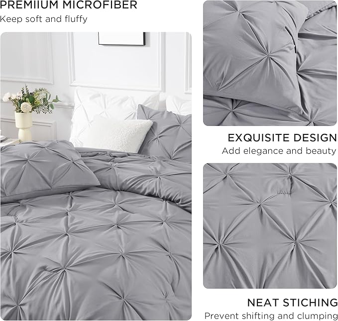Andency California King Comforter Set Silver Gray (104x96Inch), Western Modern Pinch Pleat Bedding Set 3 Pieces, Oversized Pintuck All Season Soft Down Alternative Bed Set for Men Adults