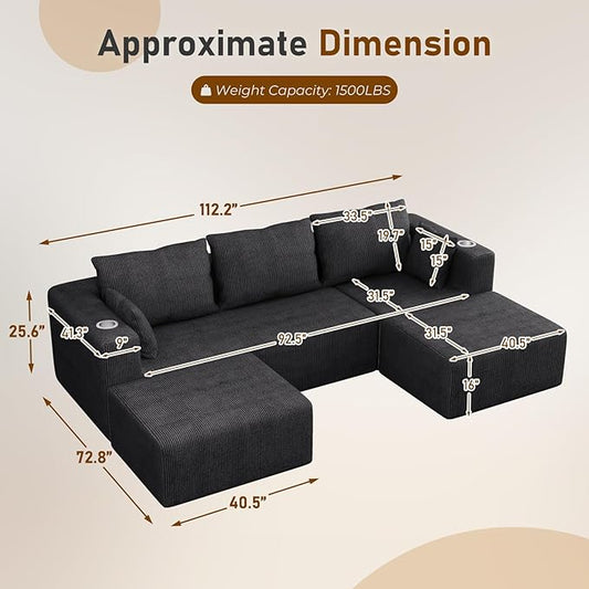 Furnimart 112" Oversized 3 Seater Sleeper Couch, Sectional Sofa Bed Boneless Cloud Couches for Living Room, Modern Deep Seat Modular Sofa, No Assembly Corduroy Black