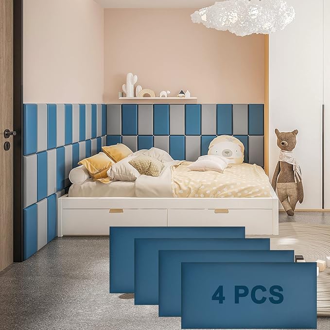 4PCS Anti-Collision Wall Padding 3D Peel and Stick Headboard Upholstered Wall Panels Blue Wall Mounted Headboard Soundproof Wall Panels