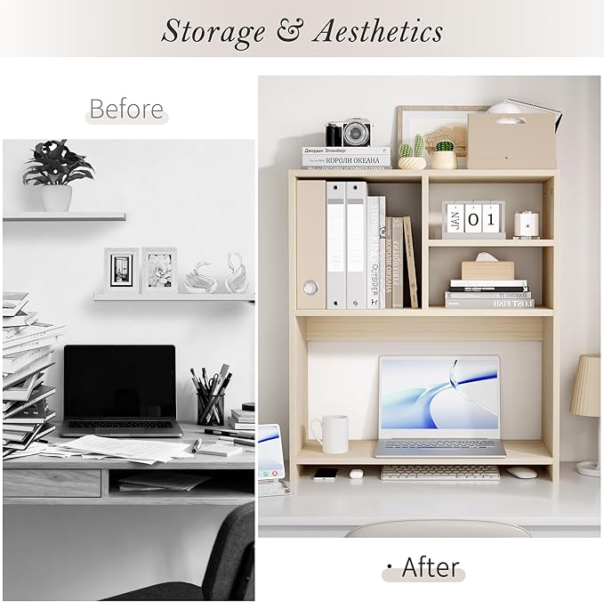 Jerry & Maggie Desktop Bookshelf Organizer, 4-Tier Desk Shelf with Hutch for Computer Desk, Wall Shelf Organizer & Room Decor Aesthetic, Dorm & Office Storage for Books, Laptop (White Wood/26 in)