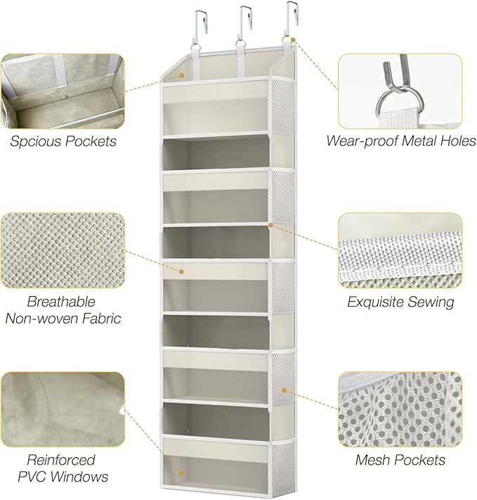 Over the Door Organizer with 5 Front & 10 Mesh Side Pockets, 50LB Capacity Extra Large Hanging Storage Organizer Multi-Room Space-Saving Hanging Shelves with 3 Hook for Closet, Kitchen, Pantry, Beige