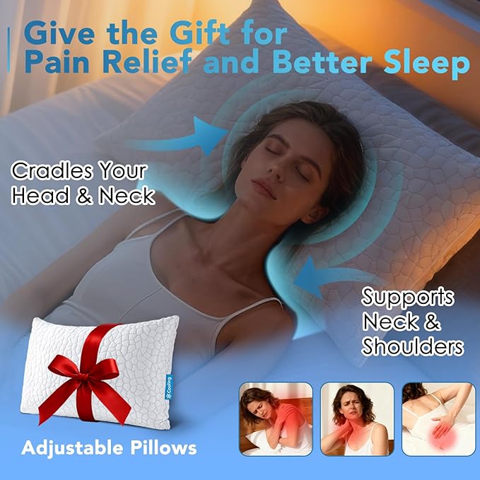 QUTOOL Cooling Pillow for Sleeping Shredded Memory Foam CertiPUR-US Certified, Soft and Supportive Adjustable Pillow for Side, Back, Stomach Sleeper, Hot Sleeper Solution for Boy Girls