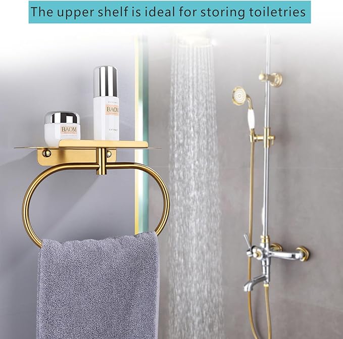 Towel Ring with Shelf, Heavy Duty Stainless Steel Bathroom Hardware, Adhesive No-Drill or Drill Mount Wall Mounted Towel Holder for Bathroom and Kitchen (Gold)