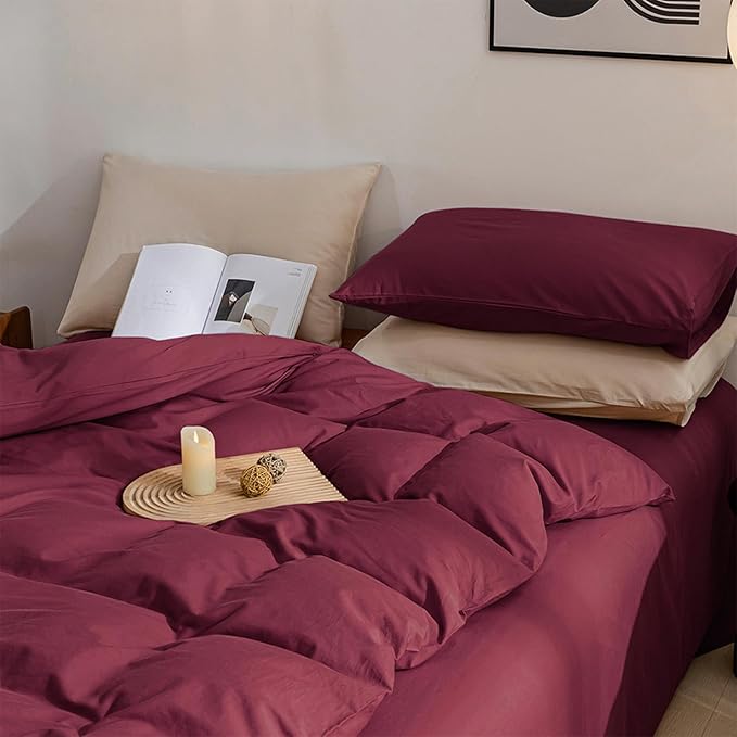 JELLYMONI Burgundy Duvet Cover King Size - 100% Washed Cotton Linen Like Textured Comforter Cover, 3 Pieces Breathable Soft Bedding Set with Zipper Closure (Burgundy, King 104"x90")