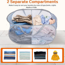 Sturdy Collapsible Laundry Baskets, Foldable Pop Up Laundry Hamper, Durable 2 Compartments Laundry Basket, Handy Pocket & Easy to Sort Clothes Hampers for Laundry, Dorm, Kids Room, Travel Grey