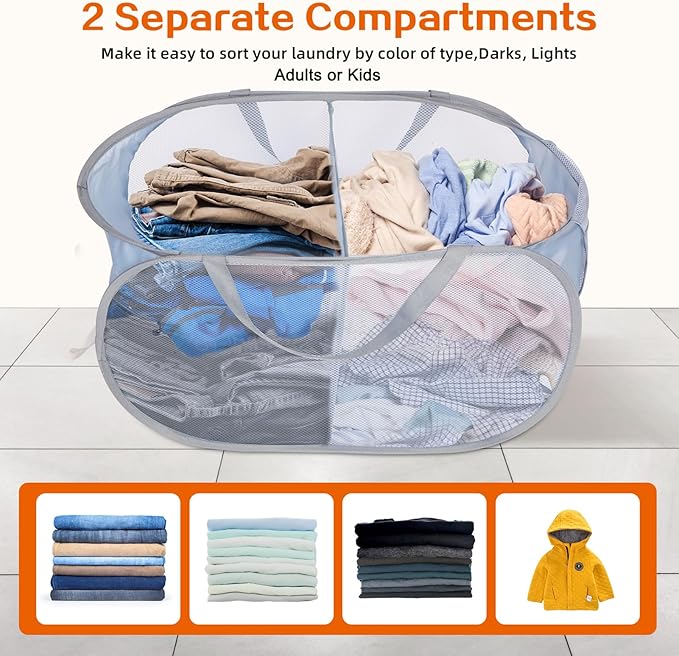 Sturdy Collapsible Laundry Baskets, Foldable Pop Up Laundry Hamper, Durable 2 Compartments Laundry Basket, Handy Pocket & Easy to Sort Clothes Hampers for Laundry, Dorm, Kids Room, Travel Grey