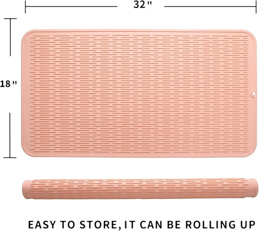 Silicone Dish Drying Mat for Multiple Usage,Easy clean,Eco-friendly,Heat-resistant Silicone Mat for Kitchen Counter or Sink,Refrigerator or Drawer Liner Pink 4XL 32 inches x 18 inches