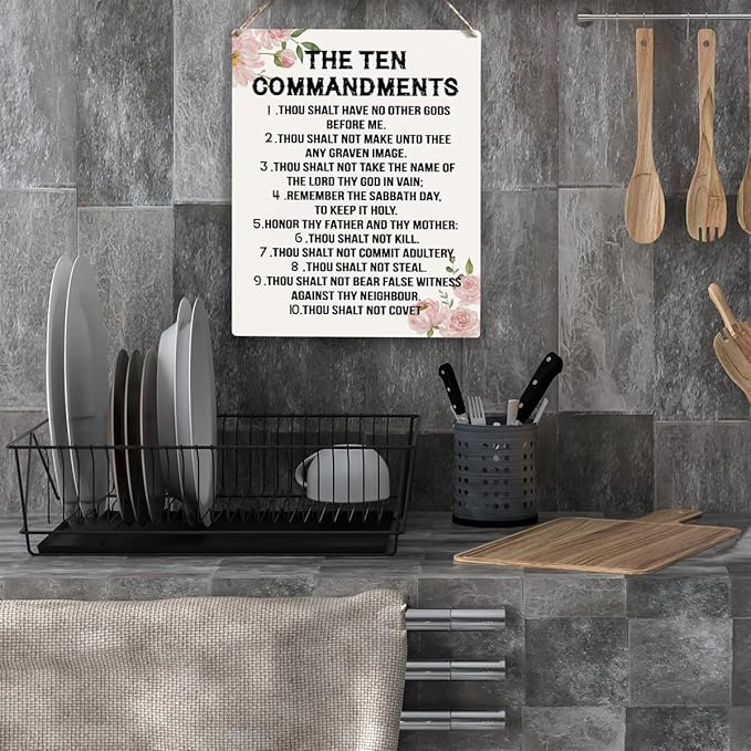 YCYD Ten Commandments Decor,10 Commandments Desk Poster, Christian Bible Verse Decor Religious Home Rustic Wooden Box Sign for Living Room Bedroom Office 10 x 8 Inches flower