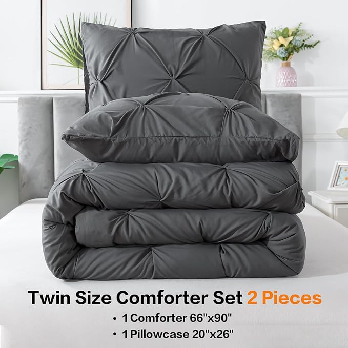 Andency Gray Pinch Pleat Comforter Twin(66x90Inch), 2 Pieces Grey Pintuck Bed, Microfiber Down Alternative Bedding Set with 1 Pillowcase