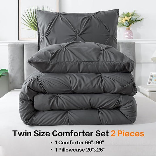 Andency Gray Pinch Pleat Comforter Twin(66x90Inch), 2 Pieces Grey Pintuck Bed, Microfiber Down Alternative Bedding Set with 1 Pillowcase