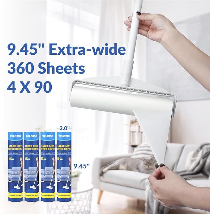 Large Lint Rollers for Carpet, Sticky Rollers for Floor DELOMO 9.45 in with 3 Extendable Handle, Long Handle Sticky Mop for Cleaning Carpets, Cars, Bedding, Couches, and Pet Hair