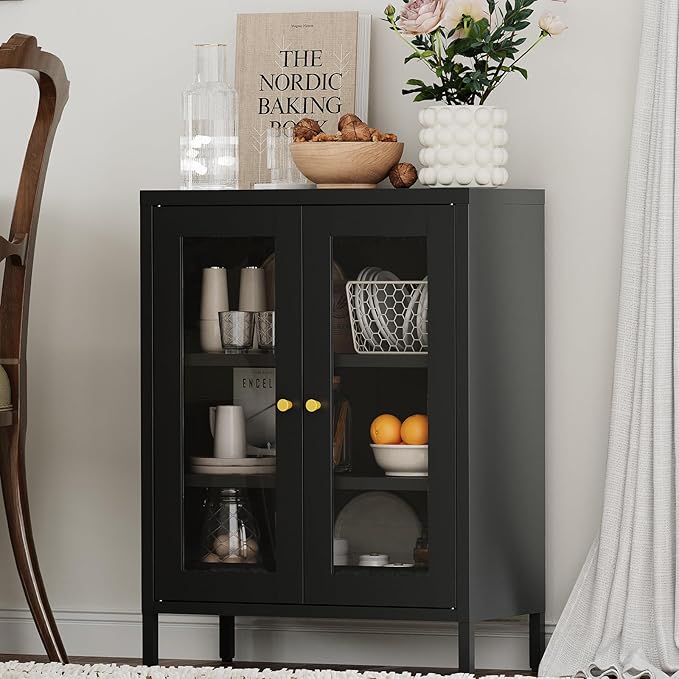 Metal Bathroom Storage Cabinet, Black Sideboard Cabinet with Glass Doors and Adjustable Shelves, Small Metal Cabinets for Kitchen, Living Room, Entryway,Office