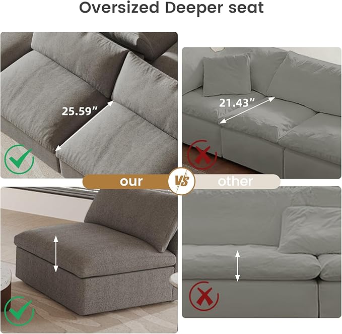 Cloud Modular Sectional Sofa,160" Oversized U Shaped Sofa Couch with Storage Ottoman,8 Seater Sofa Wide Deep Seat Couches,Sofa Covers Washable&Replaceable,Grey