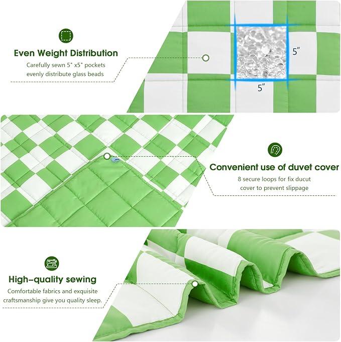 Green Checkered Weighted Blanket for Adults 15lbs, 48"x72", Twin Full Size Cooling Plaid Heavy Throw Blanket for 120-160lbs, Microfiber Soft Thick Big Blankets Weighted Comforter Gift for Sleeping