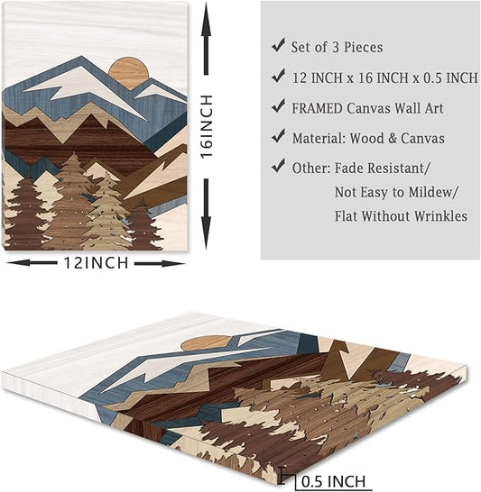 BINCUE Boho Mountain Wall Art Framed Mountains Office Canvas 3 Piece Artwork 12x16 Inch for Living Room Bedroom Décor