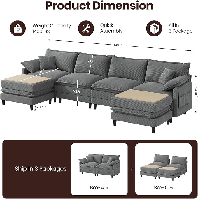 143" U Shaped Modular Sectional Cloud Couch with Two Ottoman