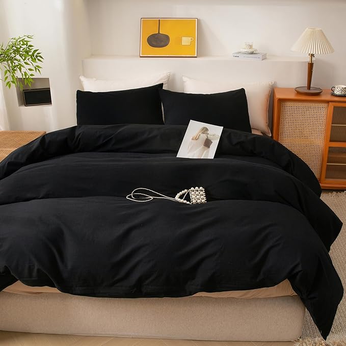 ECOCOTT 3 Pieces Duvet Cover Queen Size 100% Washed Cotton 1 Duvet Cover with Zipper and 2 Pillowcases, Ultra Soft and Easy Care Breathable Cozy Simple Style Bedding Set (Black,Queen)