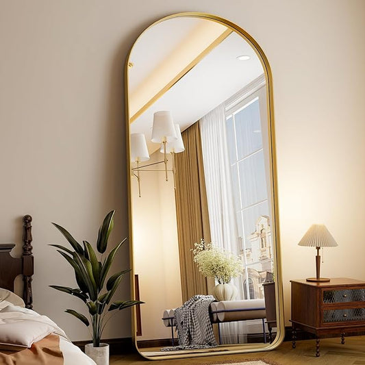 71''x30'' Large Arched Full Length Mirror, Floor Standing Stylish Full Body Mirror with Rounded Corners for Home Decor, Aluminum Alloy Frame Hanging Mirror for Wall, Gold