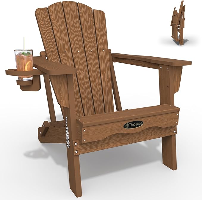 Adirondack Chair, Folding All-Weather Outdoor HDPE Patio Chair with Cup Holder, Wood