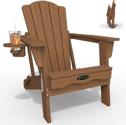 Adirondack Chair, Folding All-Weather Outdoor HDPE Patio Chair with Cup Holder, Wood