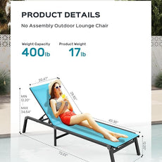 Aluminum Chaise Lounge Ourdoor - Foldable & Assemble Free Outdoor Lounge Chair with 5 Adjustable Backrest, Patio Lounge Chair for Outside Poolside Beach Pool, Lake Blue