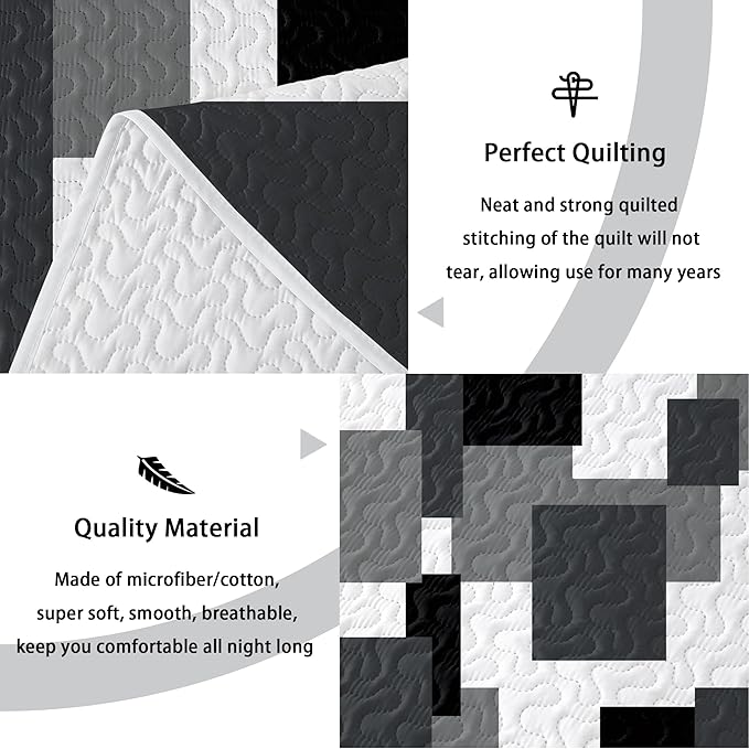 3 Piece Black Grey Quilt Set California King Size Black White Geometric Reversible Bedding Set Microfiber Lightweight Bedspread Coverlet with 2 Sham Modern Bed Covers for All Season, 118''x106''