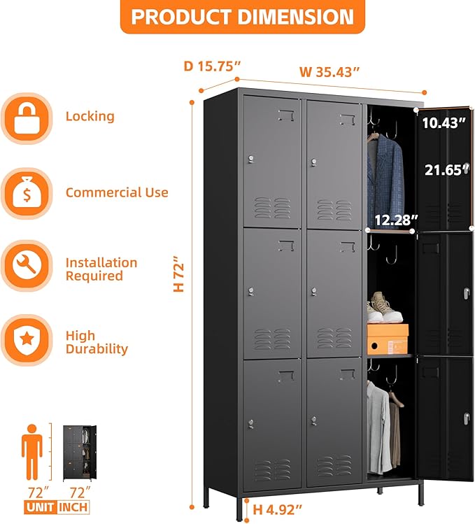 Aobabo 9 Doors Metal Storage Locker for Employees, Metal Locker with 27 Hooks for School Office Gym Garage, Black, Assembly Required