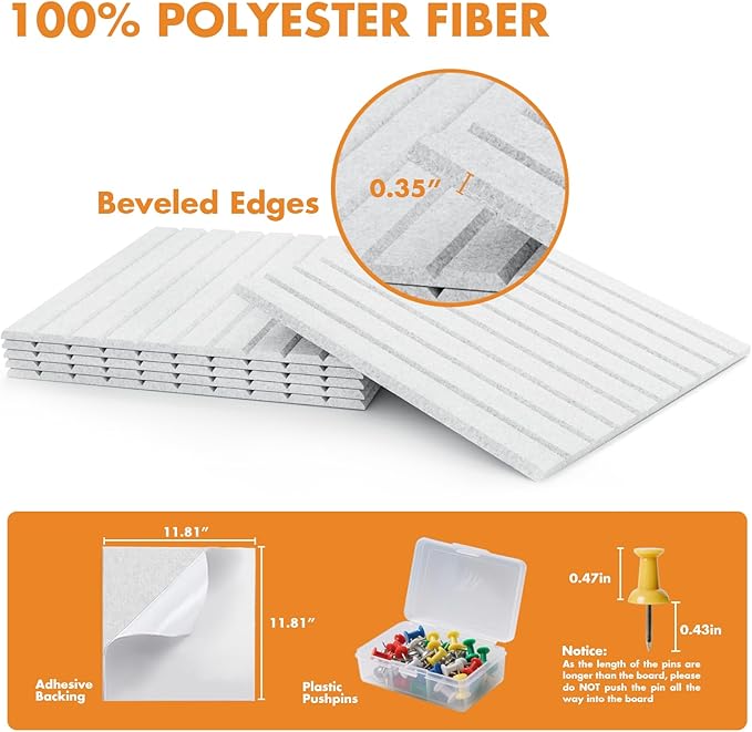 Cork Board Tiles for Wall with Push Pins, 36" x 24" Slat Bulletin Board Sets, Self-Adhesive Pin Board | Magrowill 6 Packs Felt Panels for Office Home Classroom Dorm Interior Wall Decor