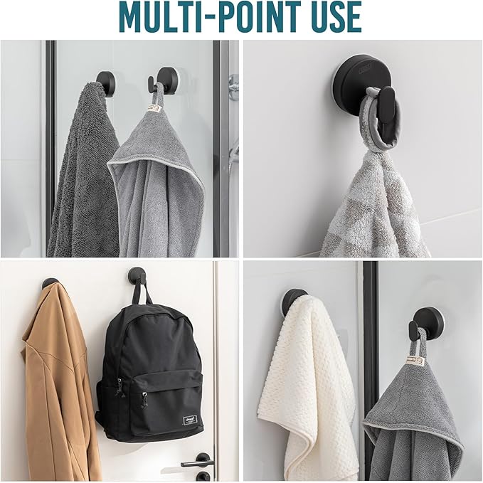 TAILI Stylish 304 Stainless Steel Bathroom Suction Hooks for Towel, Bathrobe, Loofah, No Damage Hanging Glass Shower Wall Hook, Patented Strong Suction Cup Holder, Hold Up to 11 Lbs, I-Cylinder Black