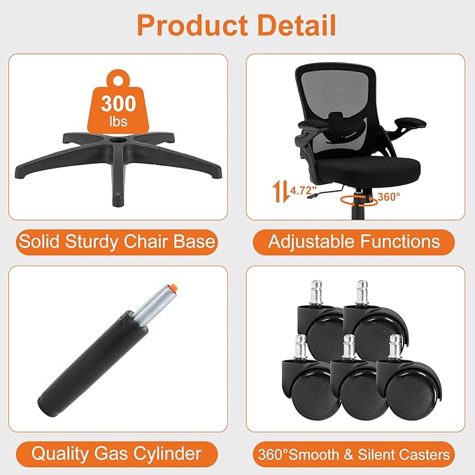 Office Chair, Ergonomic Computer Desk Chair with Adjustable Lumbar Support Comfy Breathable Mesh Chair with Flip-up Arms, Mid Back Swivel Executive Task Chair for Home Office 300lbs, Black